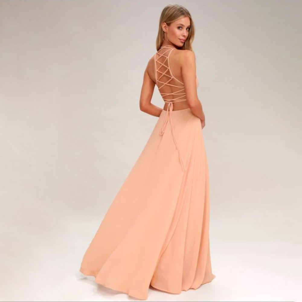 LULU'S Strappy To Be Here Nude Blush Maxi Dress Size XS